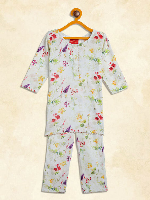 Vastramay SISHU Girl's Multicolor-Base Cream Kurta pant Set